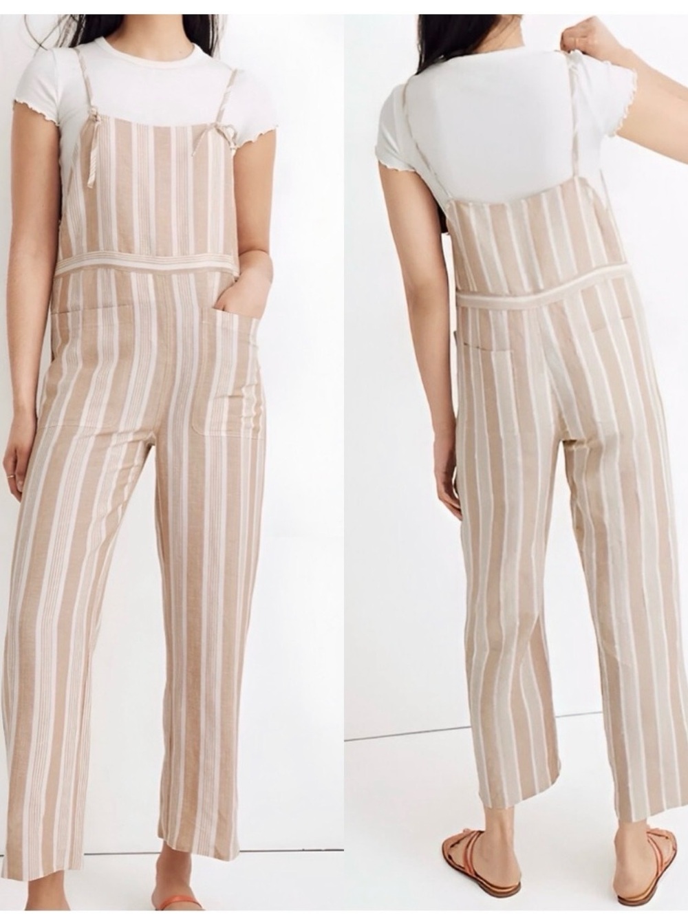 MADEWELL Striped Beige & White Linen Jumpsuit XS